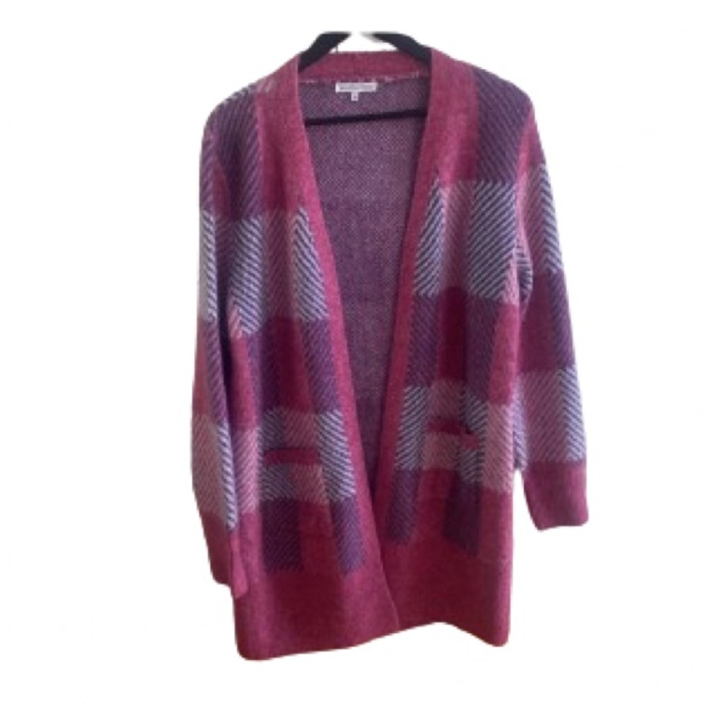 Plaid Open Front Cardigan - Red and Gray
